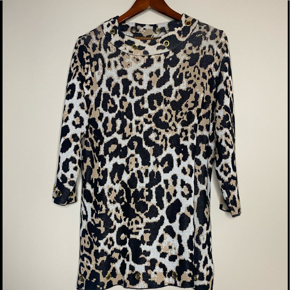 Belldini Leopard Print Metallic Tunic Sweater Med